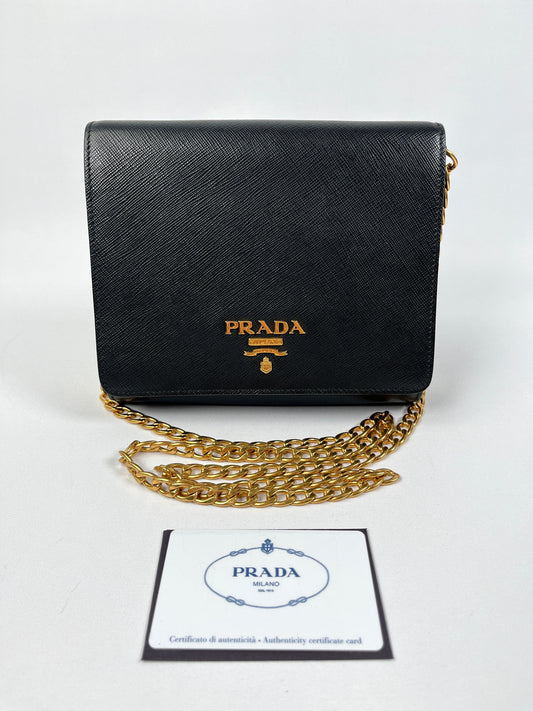 PRADA - BLACK SAFFIANO LUX CHAIN CROSSBODY BAG