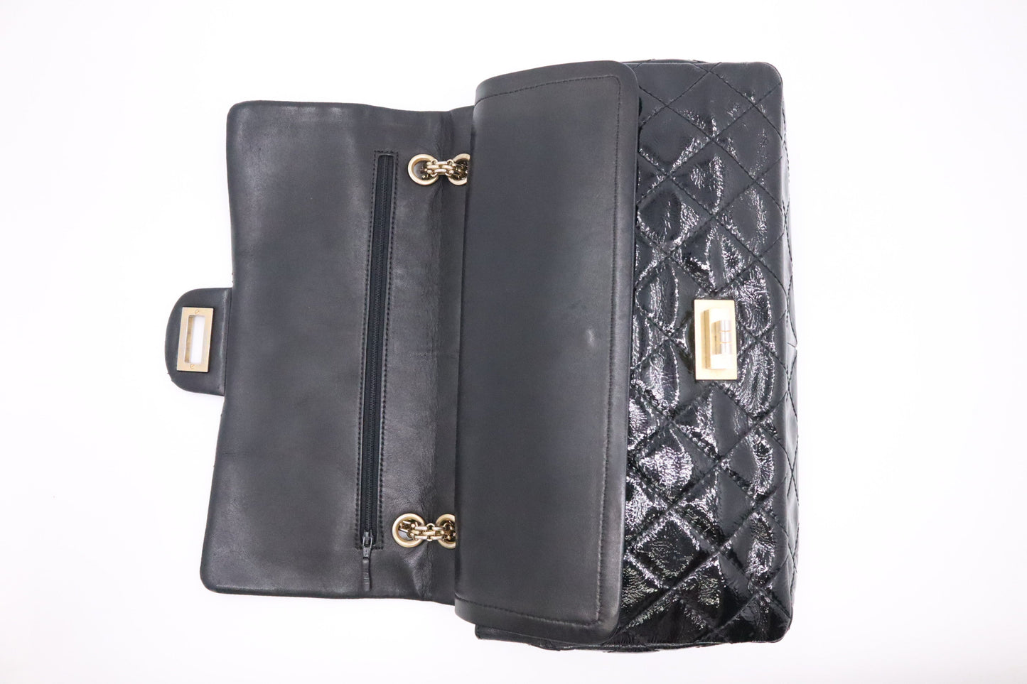 Chanel 2.55 Large Patent Flap in Black Matelasse Leather