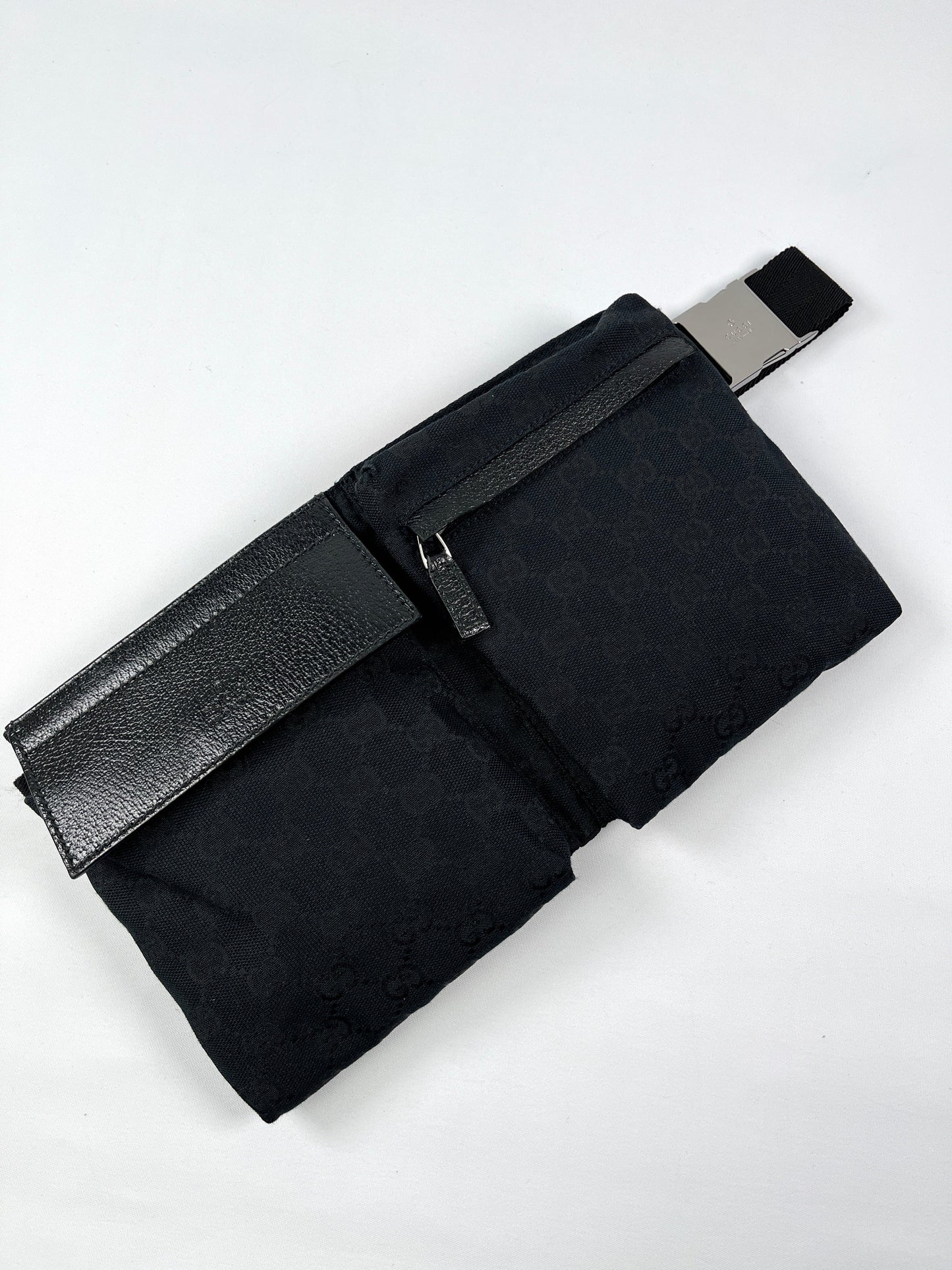 GUCCI - BLACK GG CANVAS BELT WAIST BAG