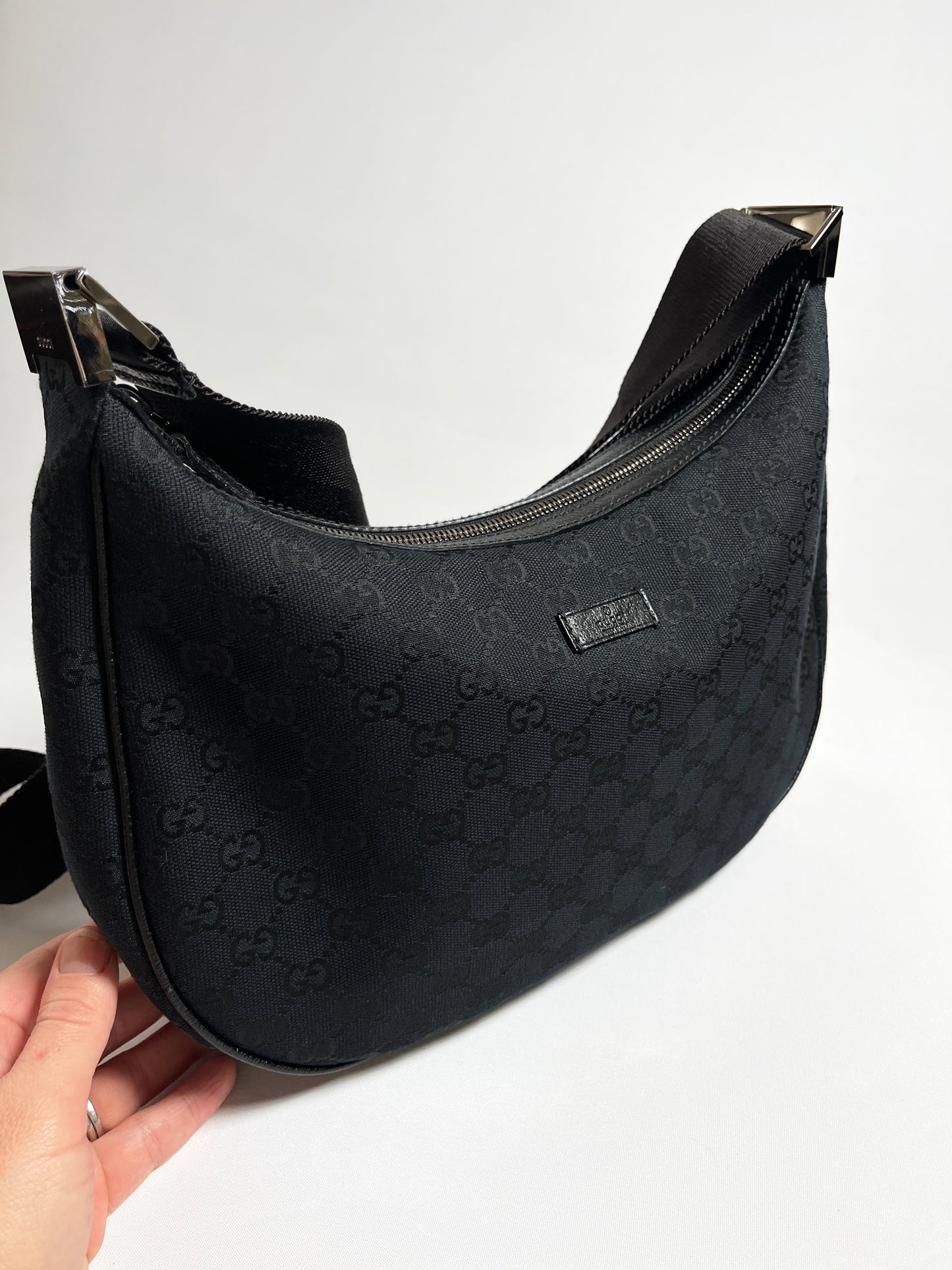 GUCCI - BLACK GG CANVAS HALF MOON HOBO CROSS BODY BAG