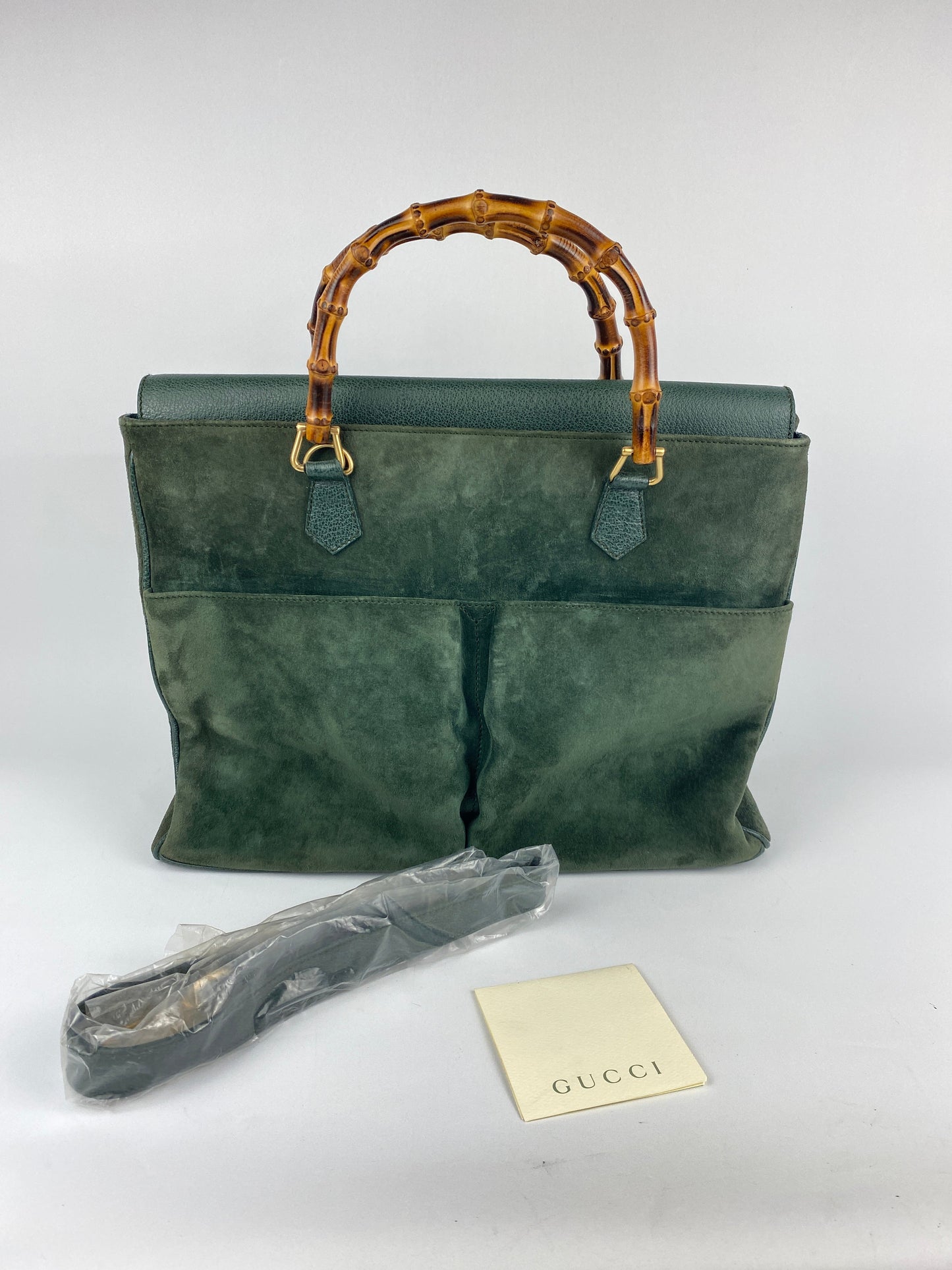 GUCCI - BAMBOO HANDLE 2 WAY BAG GREEN SUEDE LEATHER - VINTAGE