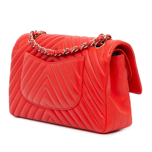 Red Chanel Medium Classic Chevron Lambskin Double Flap Shoulder Bag