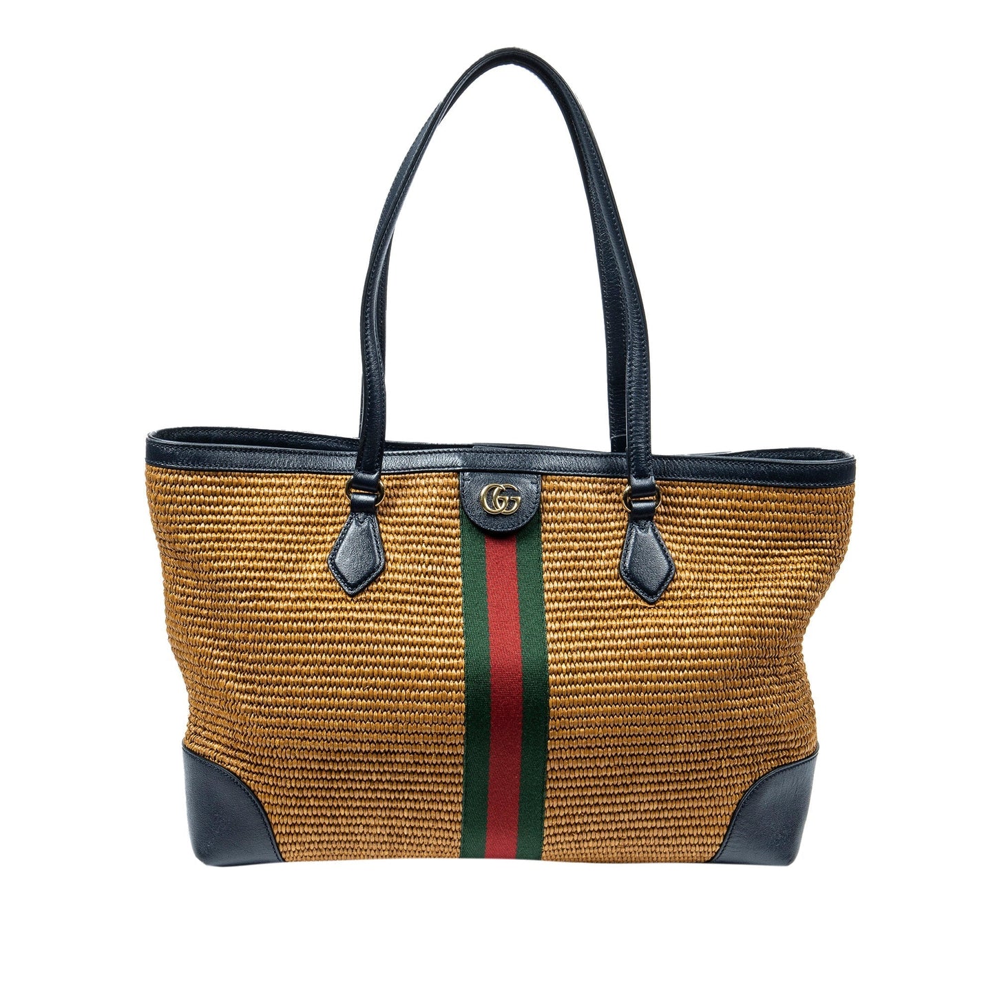 Gold Gucci Medium Raffia Ophidia Tote Bag