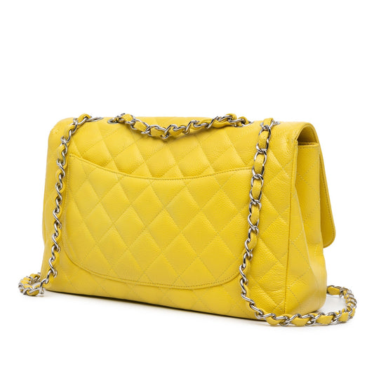 Yellow Chanel Jumbo Classic Caviar Single Flap Shoulder Bag