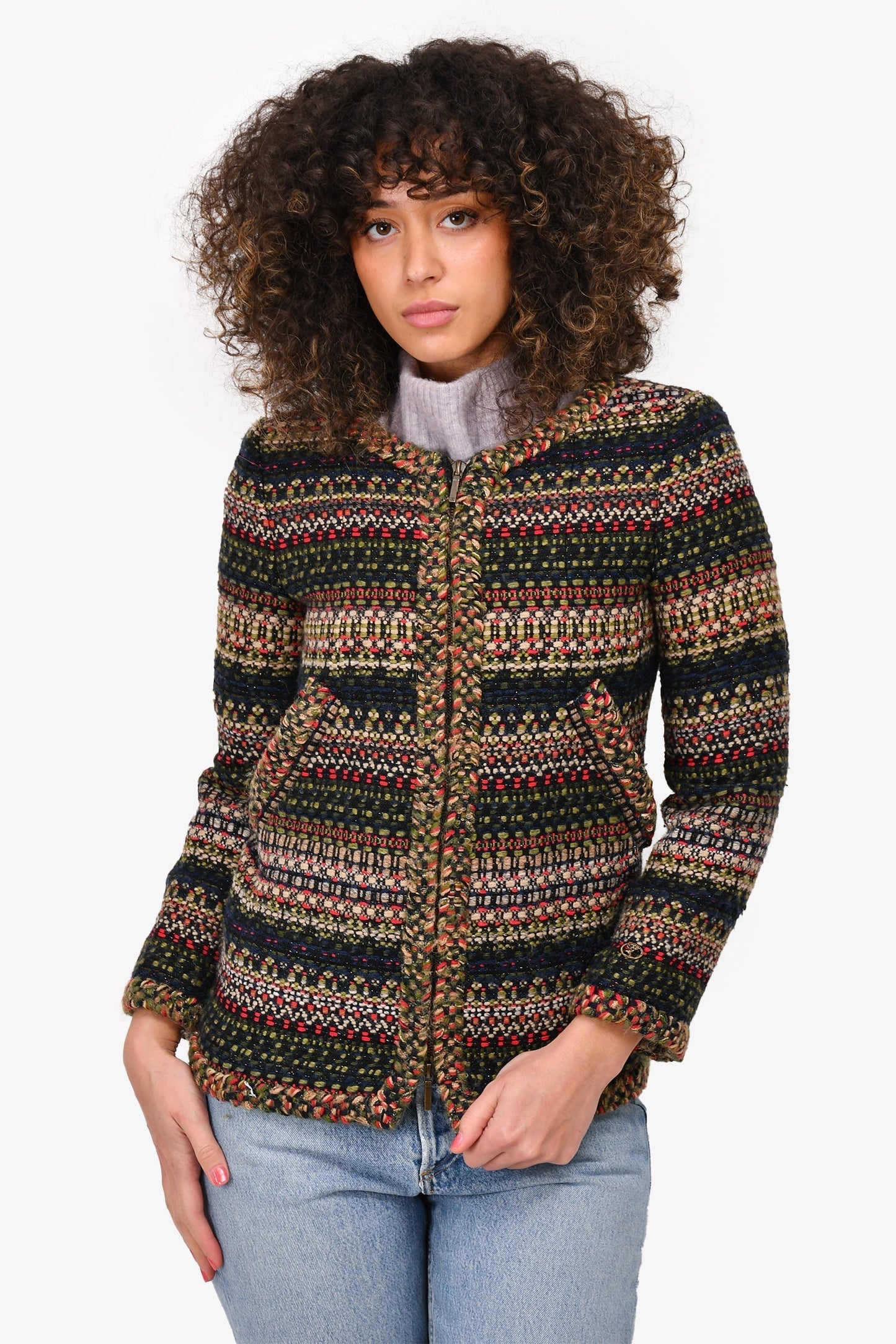 Chanel™ 2018 Multicolour Shoulder Padded Zip Up Tweed Jacket Size 34