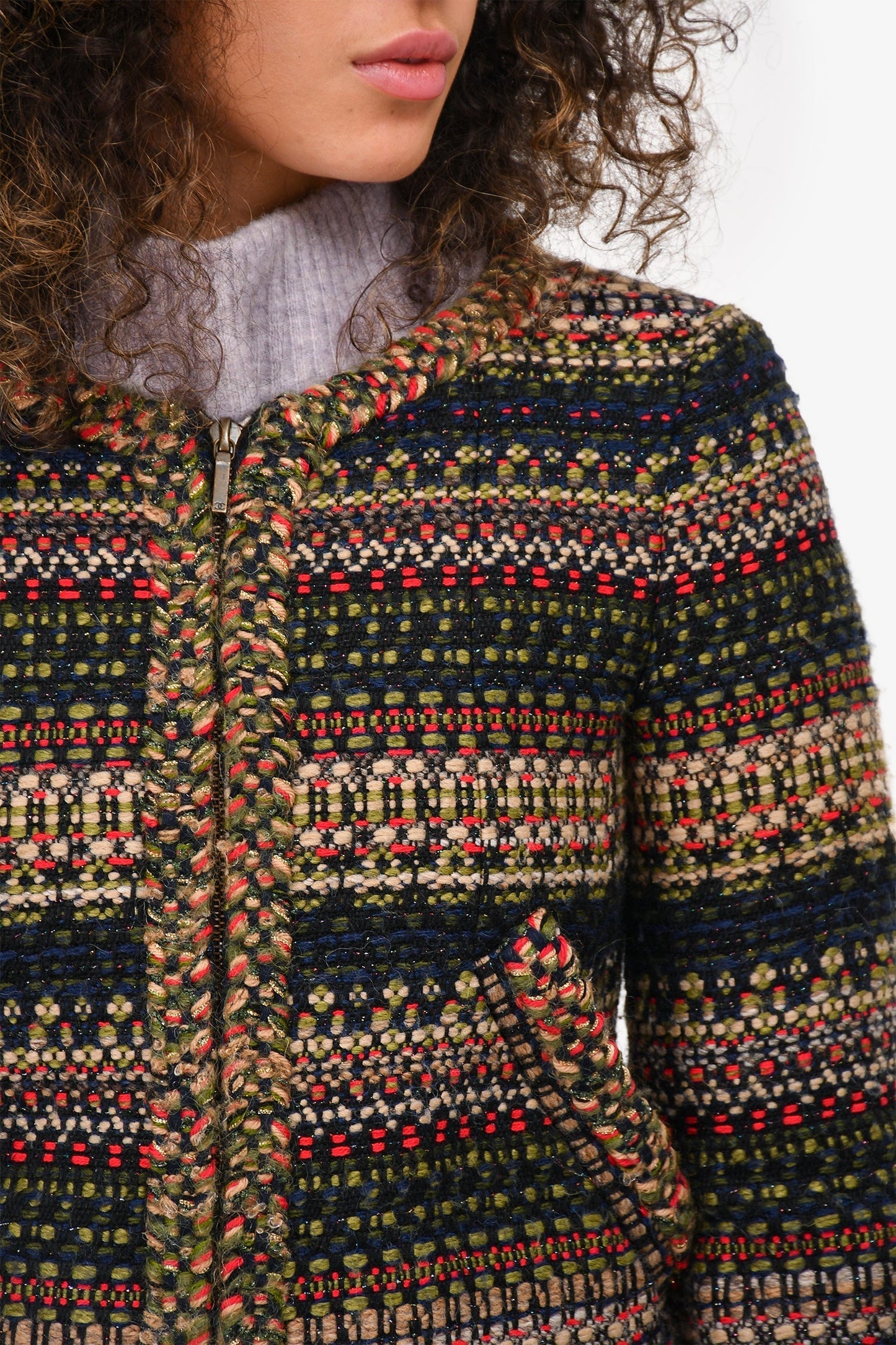 Chanel™ 2018 Multicolour Shoulder Padded Zip Up Tweed Jacket Size 34