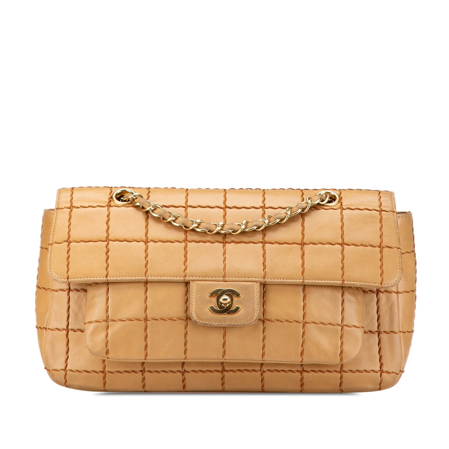 Tan Chanel Lambskin Wild Stitch Chocolate Bar Chain Flap Shoulder Bag