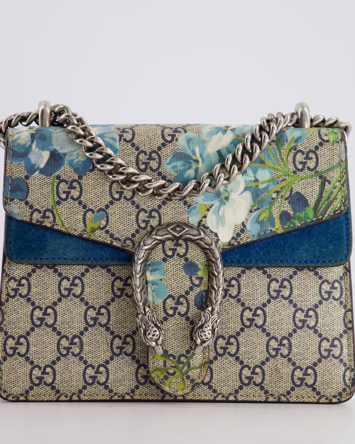 Gucci Brown and Blue Floral Canvas Mini Supreme Dionysus Crossbody Bag With Ruthenium Hardware