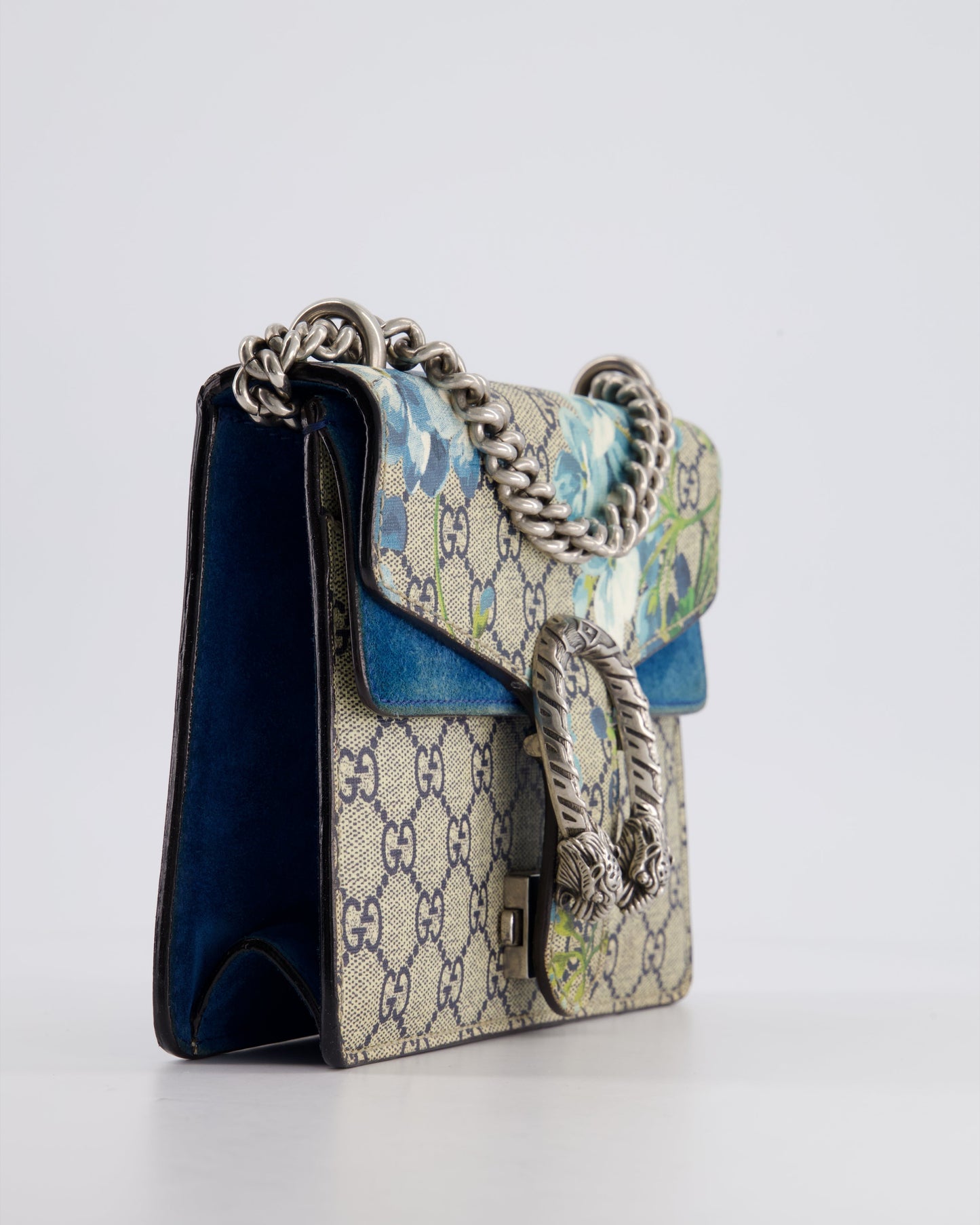 Gucci Brown and Blue Floral Canvas Mini Supreme Dionysus Crossbody Bag With Ruthenium Hardware