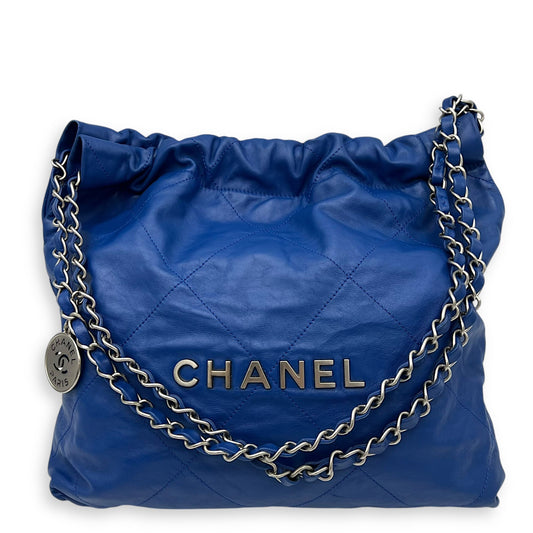 22 Tote Shoulder Bag Blue in Calfskin, Silver hardware
