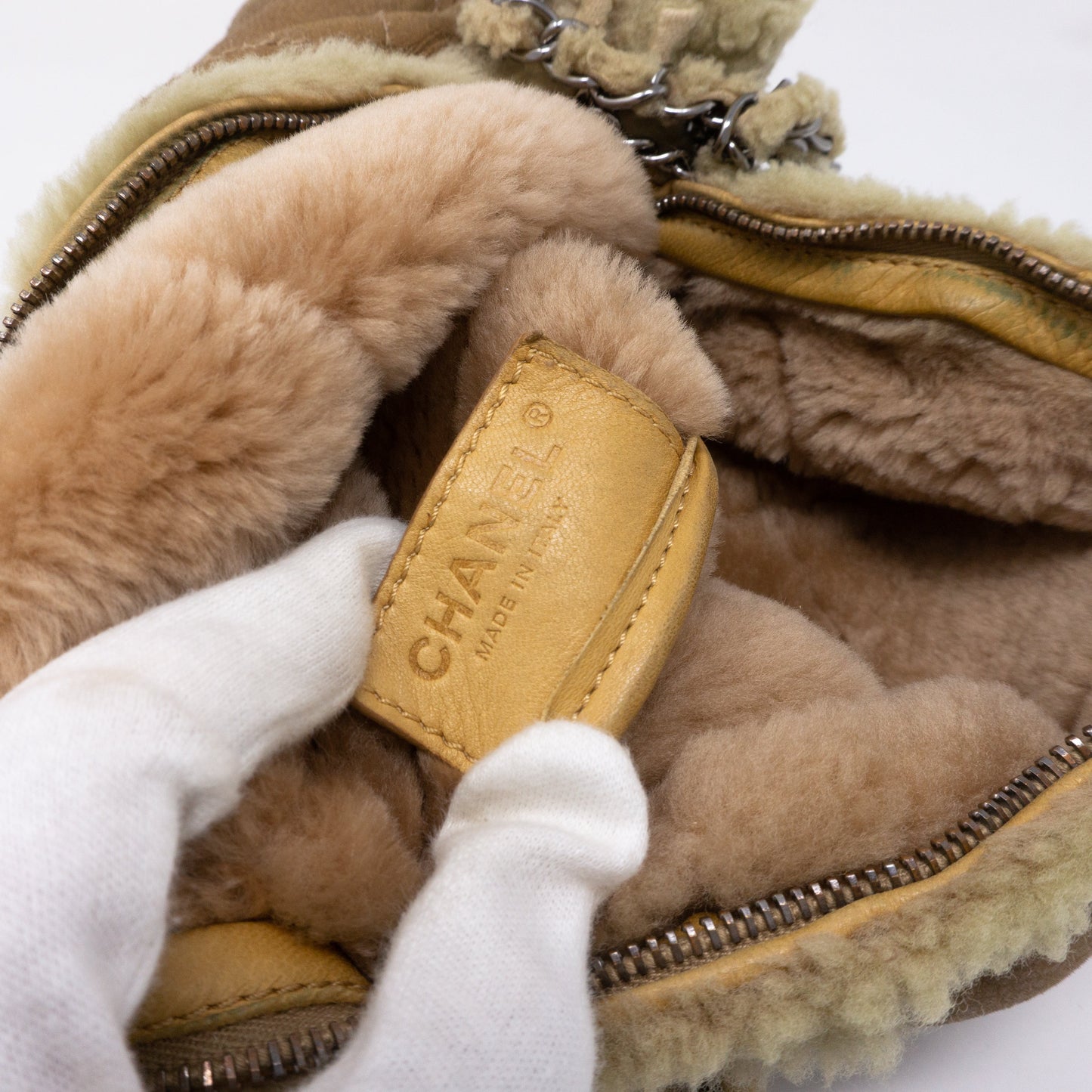 Chain Shoulder Bag Beige Wool