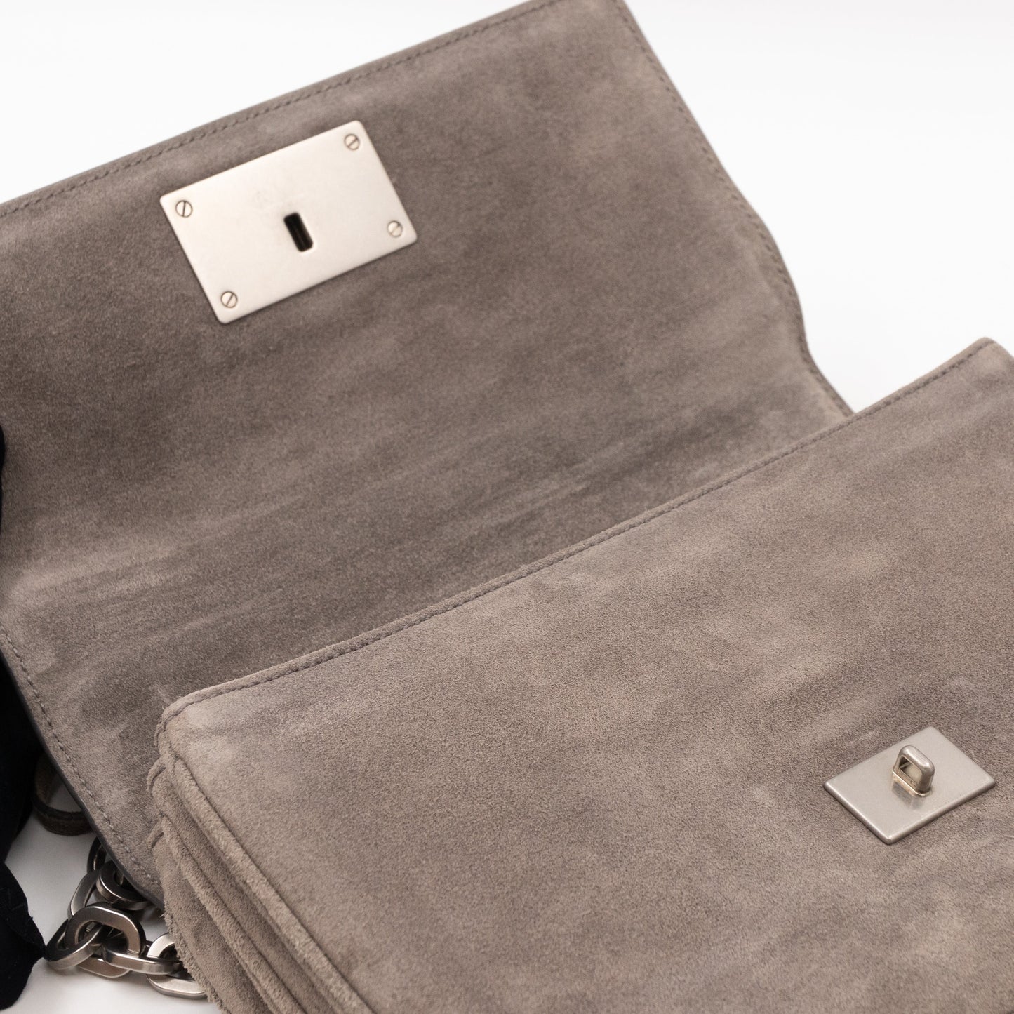 Chain Flap Shoulder Bag Grey Suede