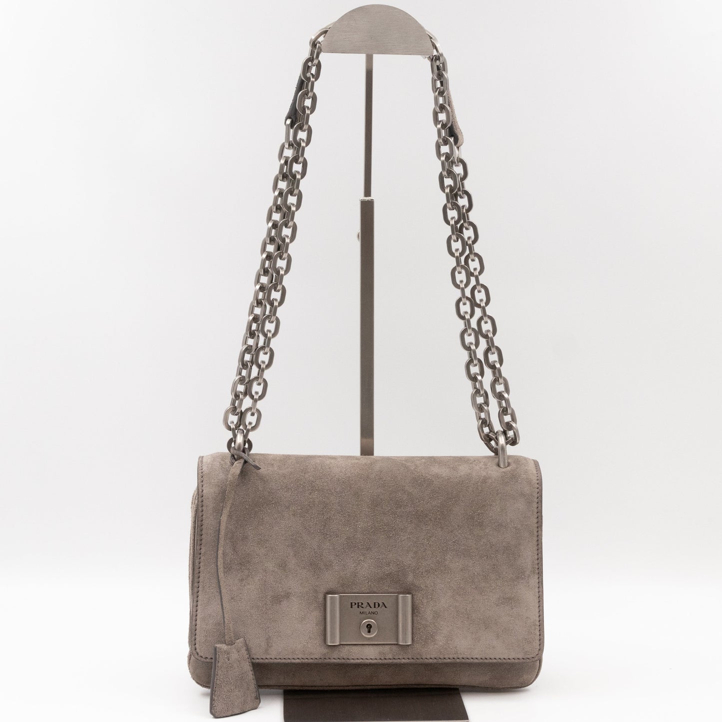 Chain Flap Shoulder Bag Grey Suede