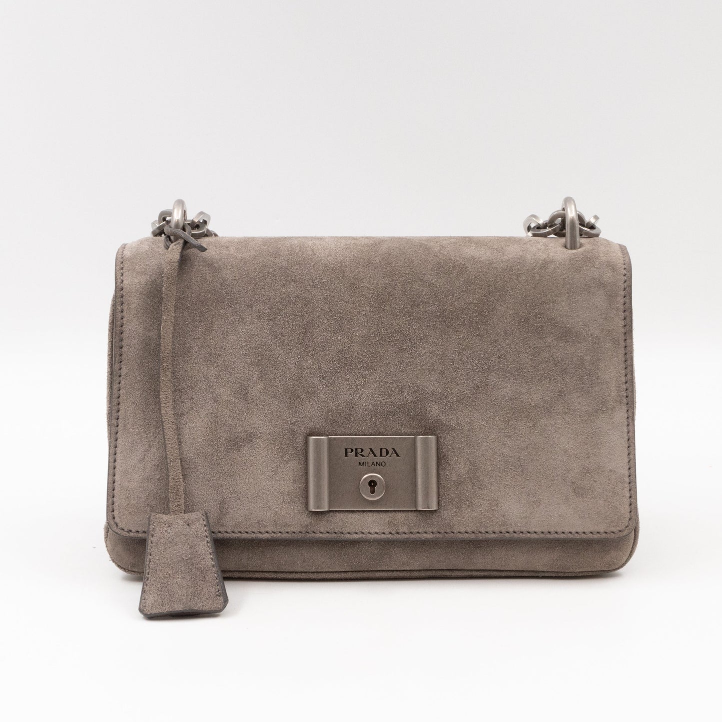 Chain Flap Shoulder Bag Grey Suede