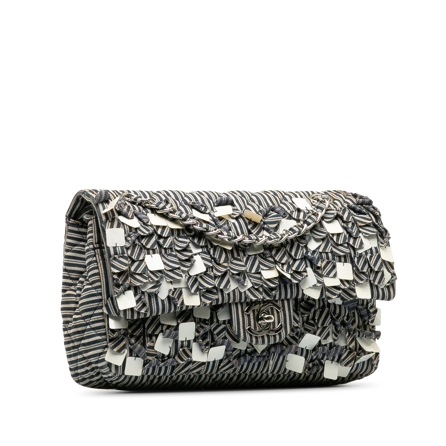 Blue Chanel Medium Cotton Striped Double Flap Shoulder Bag