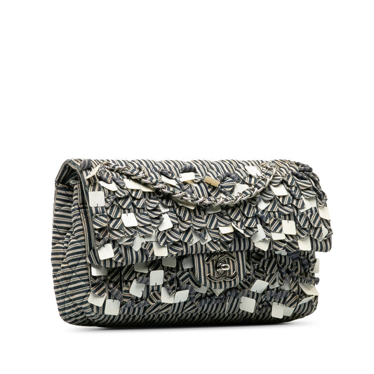 Blue Chanel Medium Cotton Striped Double Flap Shoulder Bag