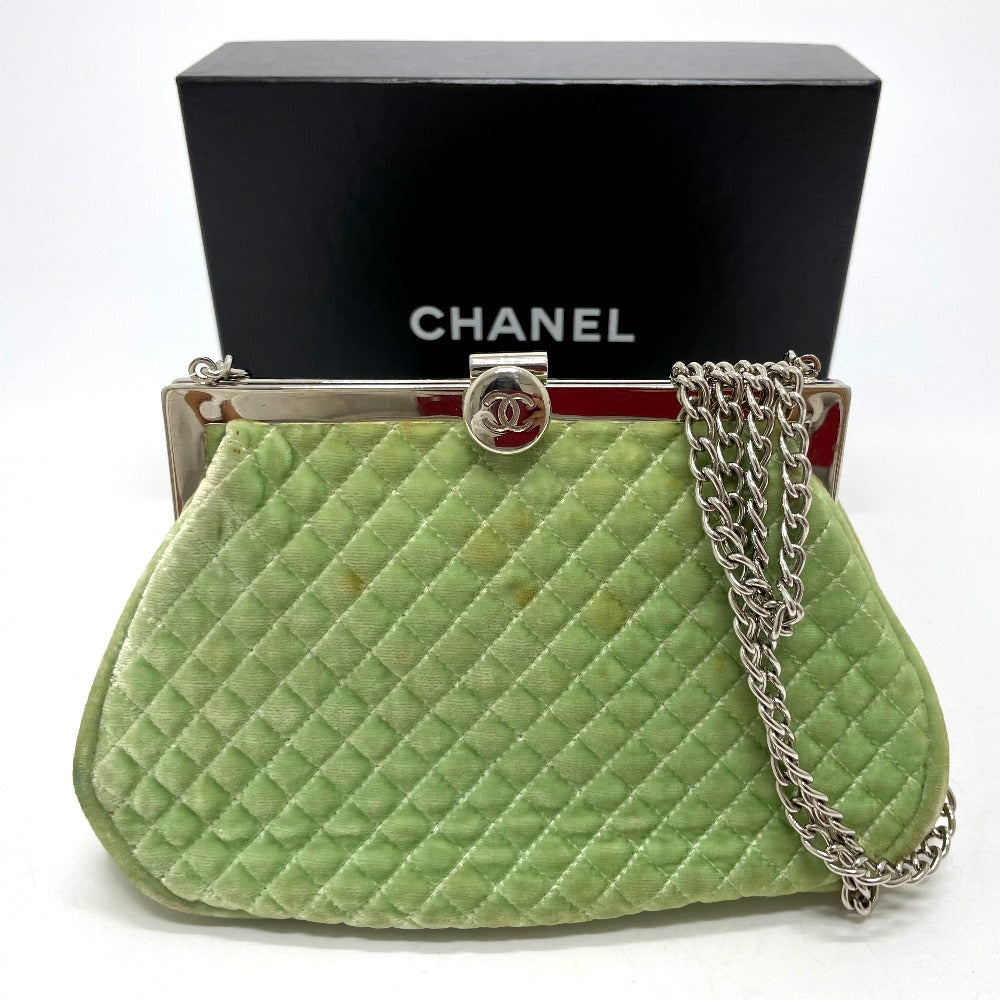 CHANEL Shoulder Bag Velor Green x Silver Metal COCO Mark Matrasse Women Used
