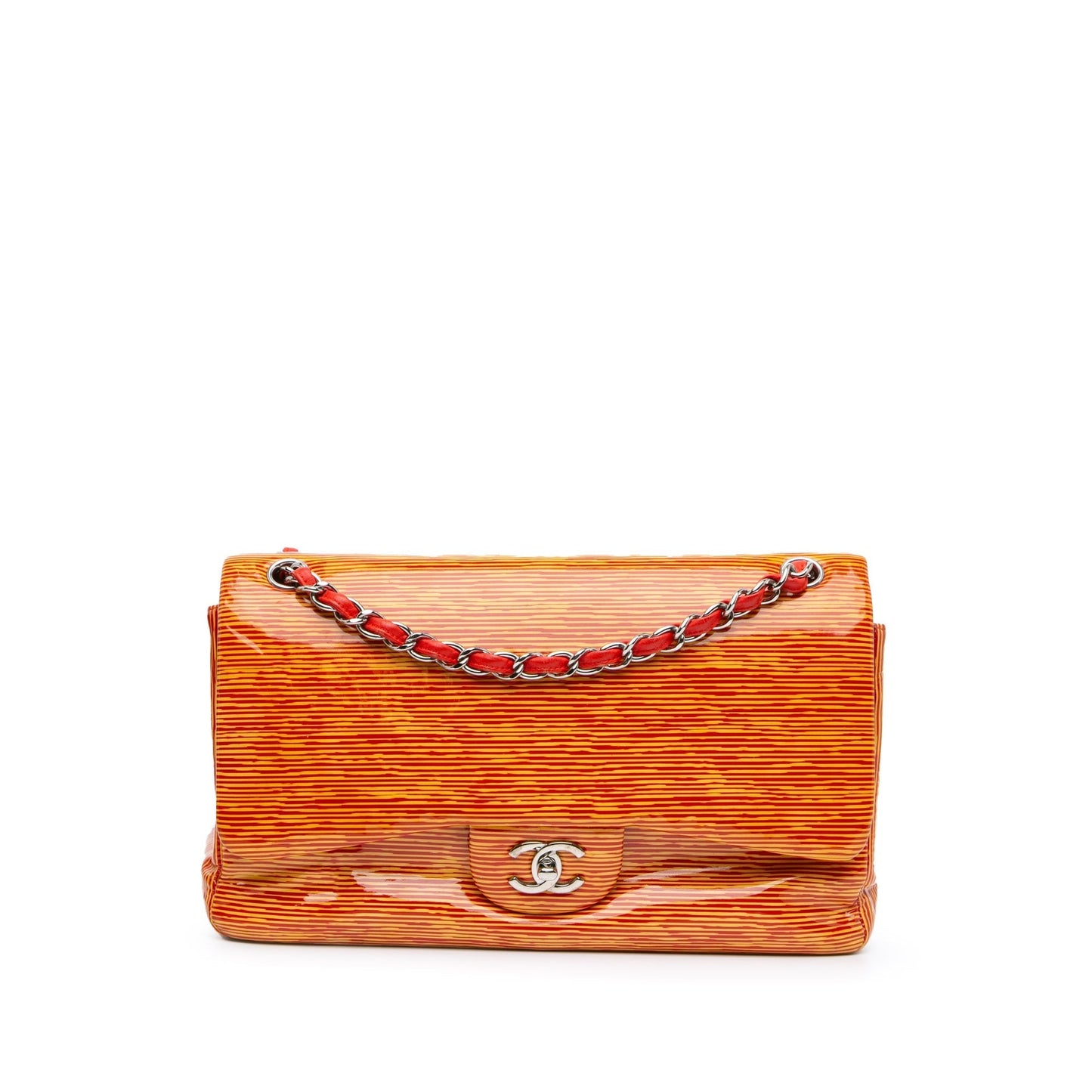 Orange Chanel Jumbo Classic Patent Stiped Double Flap Shoulder Bag