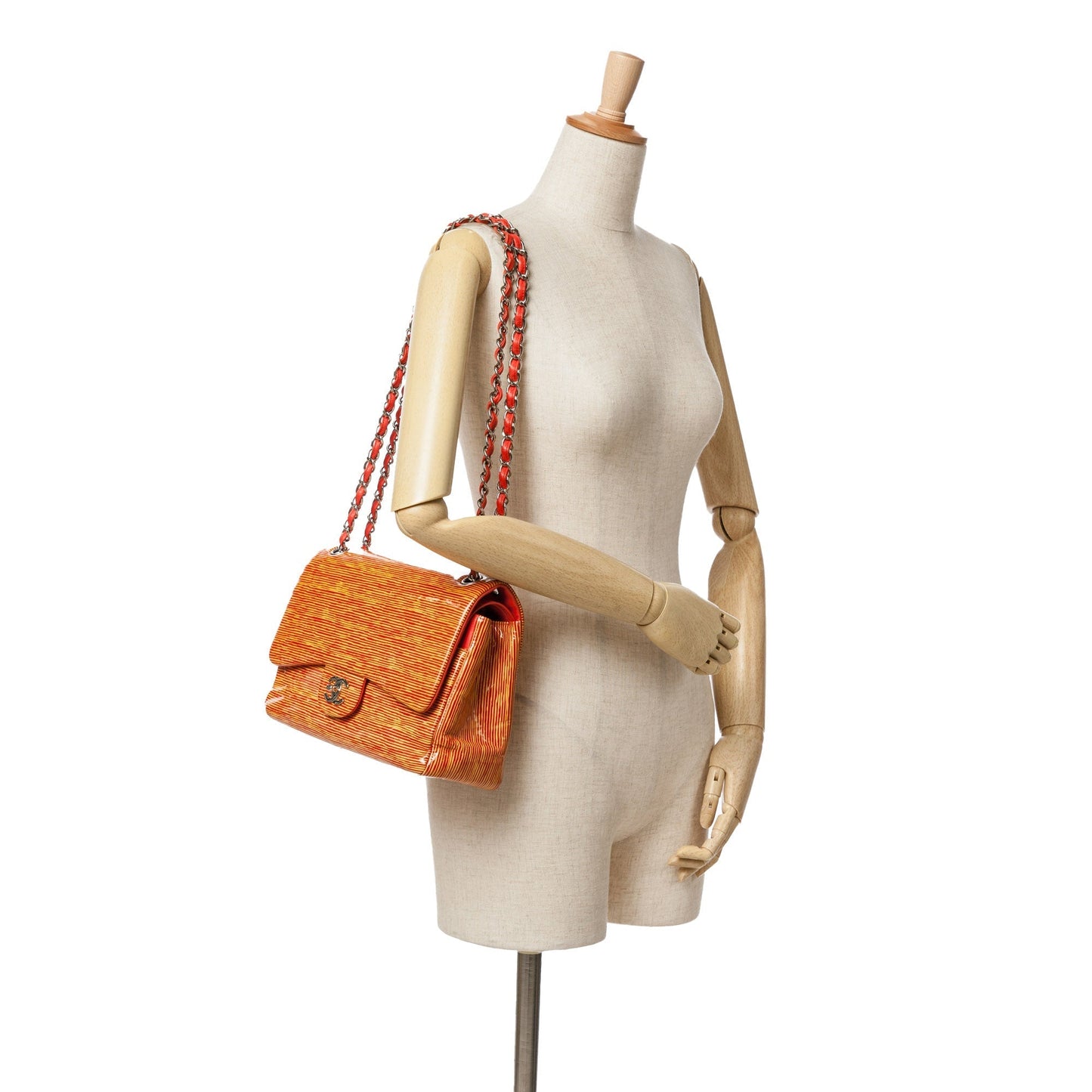 Orange Chanel Jumbo Classic Patent Stiped Double Flap Shoulder Bag
