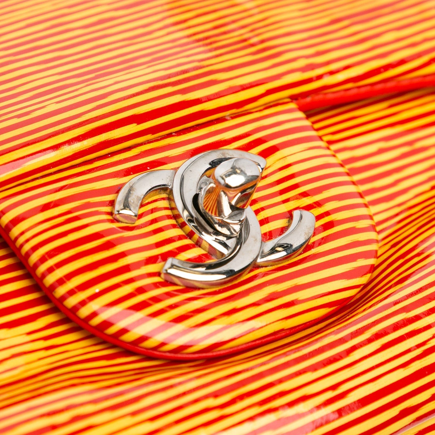 Orange Chanel Jumbo Classic Patent Stiped Double Flap Shoulder Bag