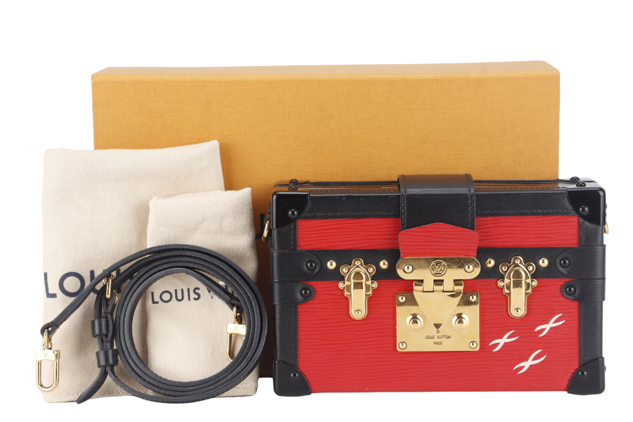 LOUIS VUITTON PETITE MALLE (M500313) ROUGE, BLACK EPI LEATHER SHOULDER BAG GOLD HARDWARE WITH DUST COVER AND BOX