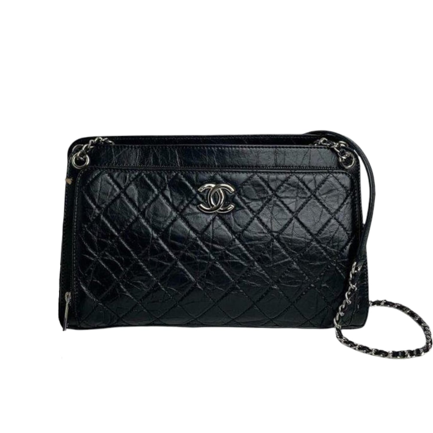 Shoulder Quilted Crinkled Calfskin Black SHW