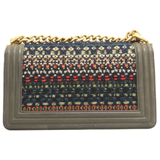 CHANEL Shoulder Bag Leather, Tweed khaki COCO Mark Boy Chanel