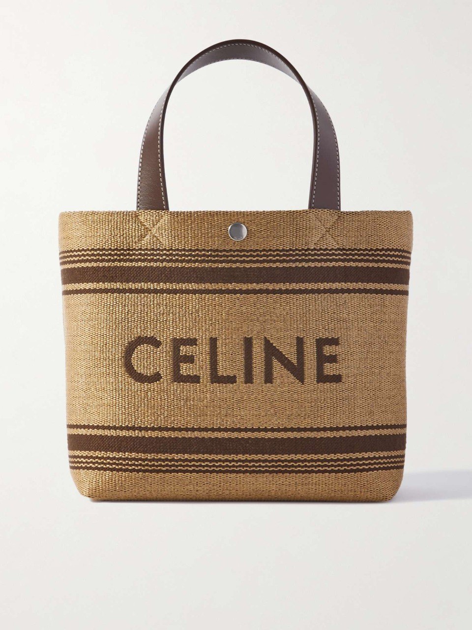CELINE Cabas Mini Leather-Trimmed Logo-Embroidered Raffia Tote Bag