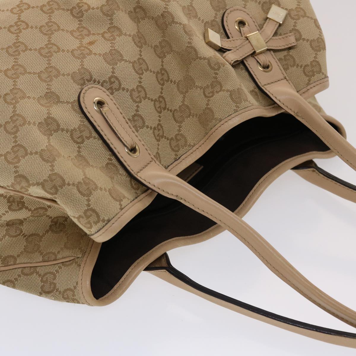 GUCCI GG Canvas Tote Bag Leather Beige 163805  am4729