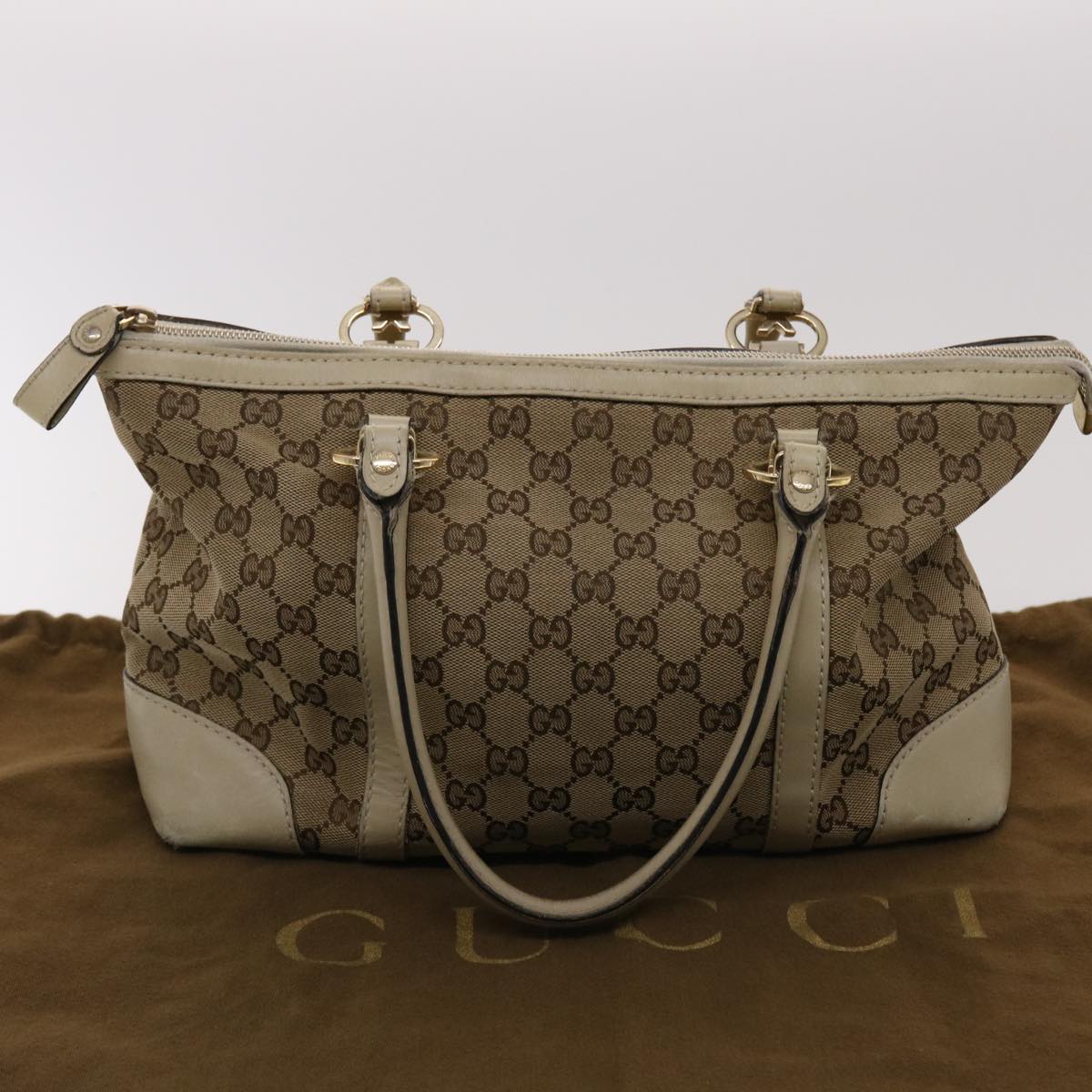 GUCCI GG Canvas Tote Bag Leather Beige 257069  am4730