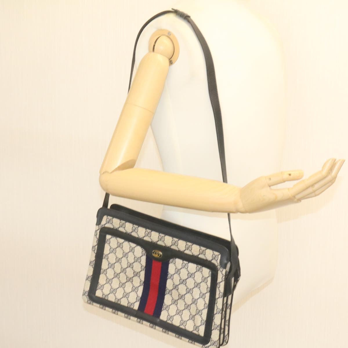 GUCCI Sherry Line GG Canvas Shoulder Bag PVC Leather Red Navy  ar4424