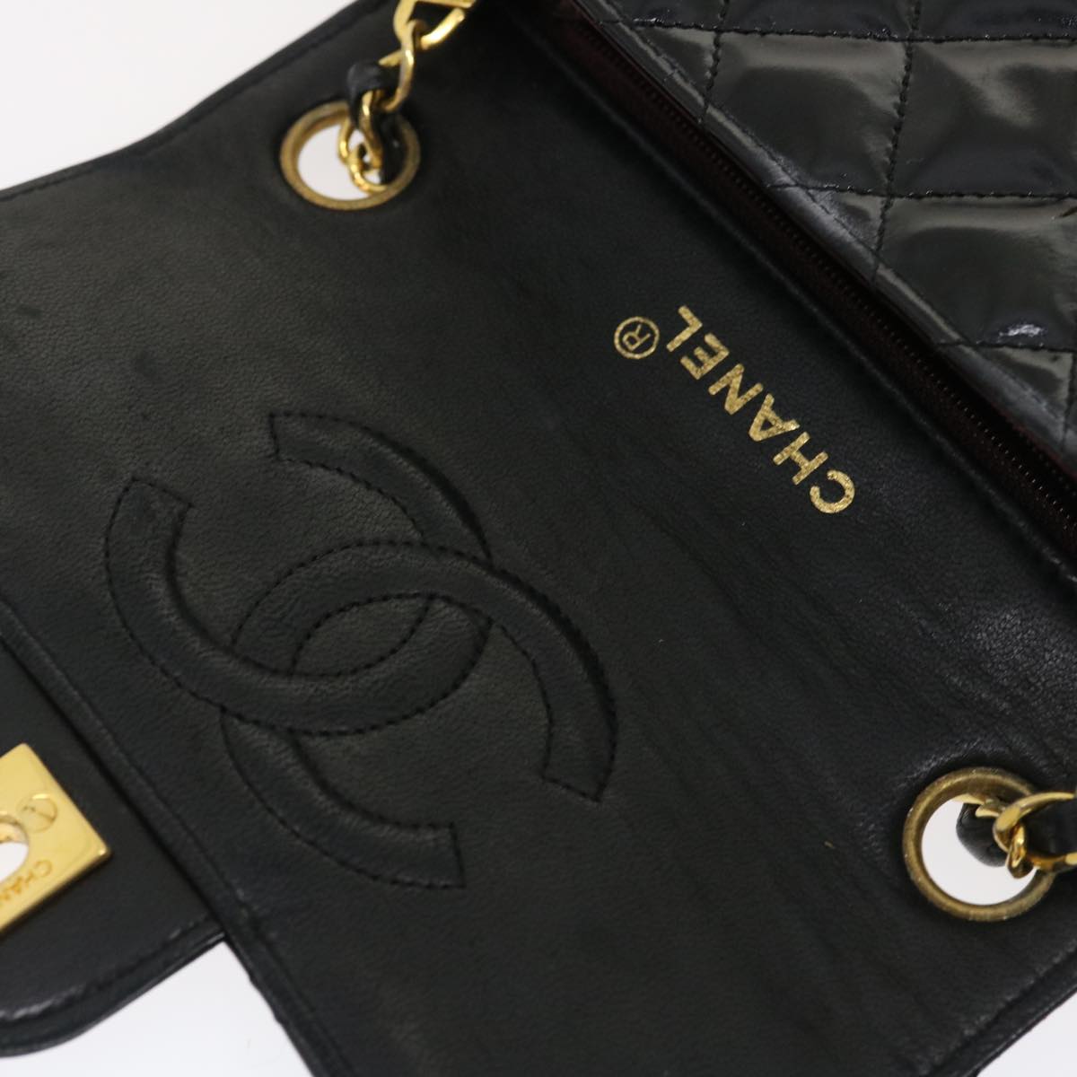 CHANEL Mini Matelasse Chain Flap Shoulder Bag Enamel Black Gold CC  ar6839A
