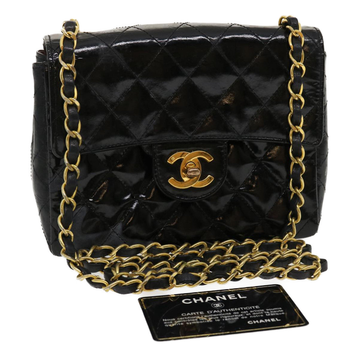 CHANEL Mini Matelasse Chain Flap Shoulder Bag Enamel Black Gold CC  ar6839A