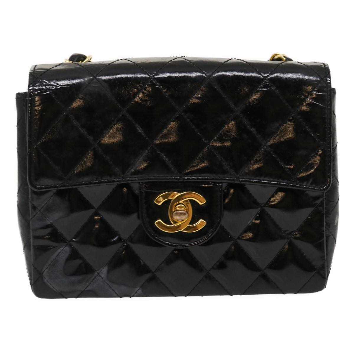 CHANEL Mini Matelasse Chain Flap Shoulder Bag Enamel Black Gold CC  ar6839A