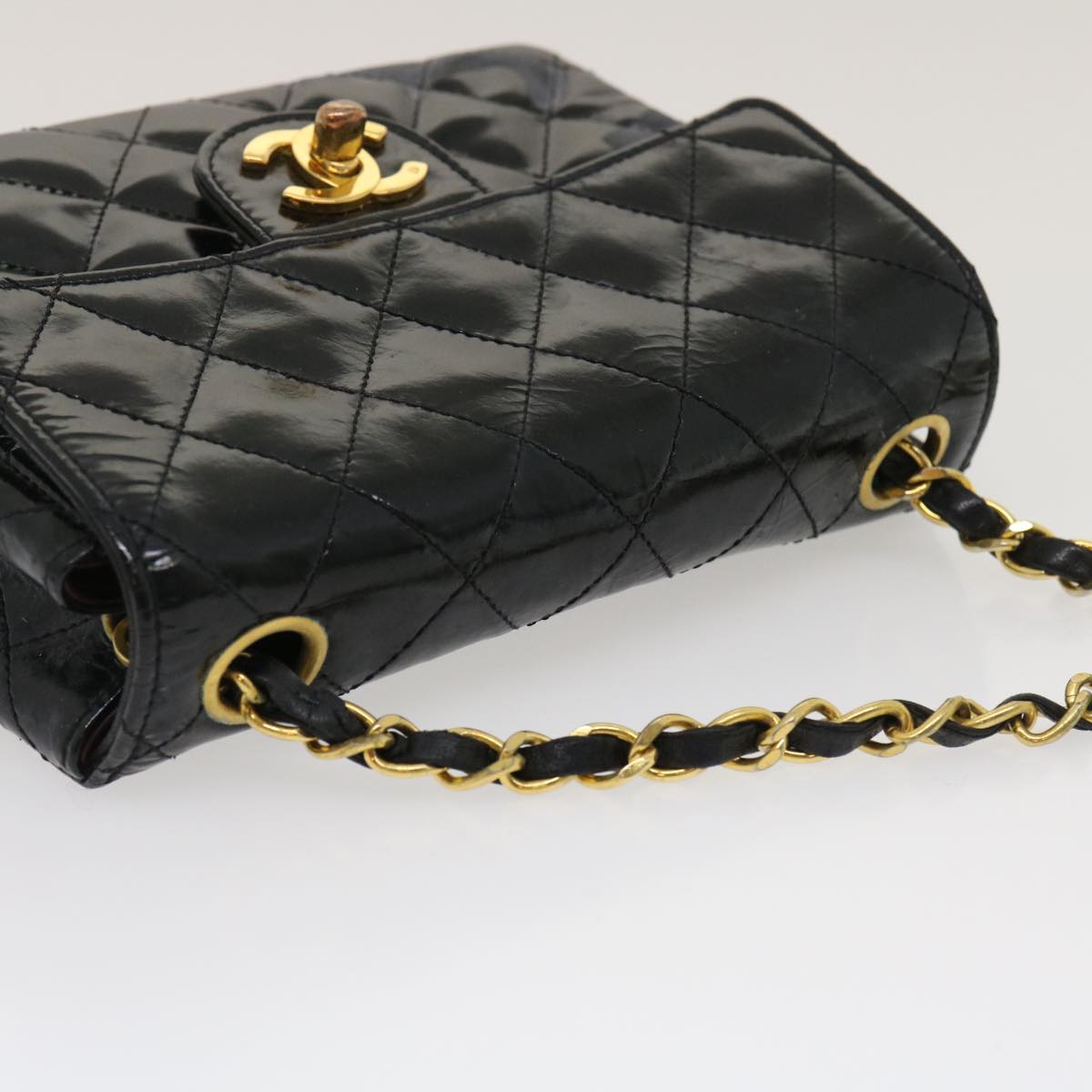 CHANEL Mini Matelasse Chain Flap Shoulder Bag Enamel Black Gold CC  ar6839A
