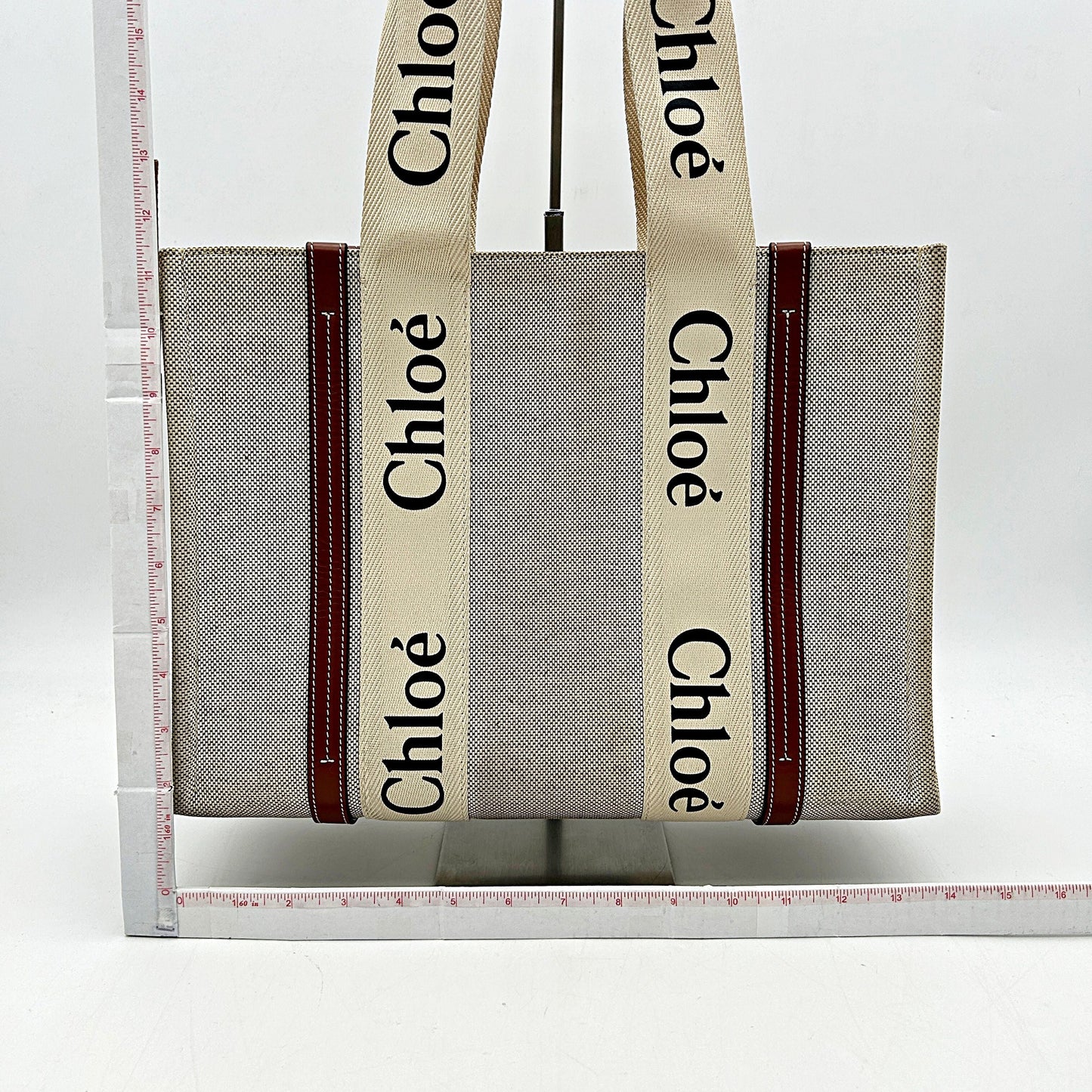 CHLOE Cotton Calfskin Medium Woody Ribbon Tote White Brown LA39604