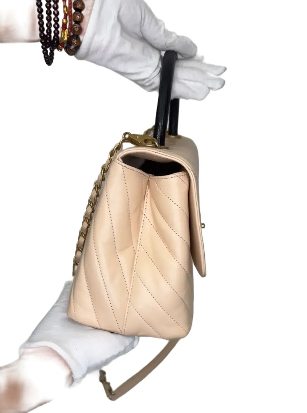 CHANEL Caviar Lizard Chevron Quilted Mini Coco Handle Flap Ivory B19-2