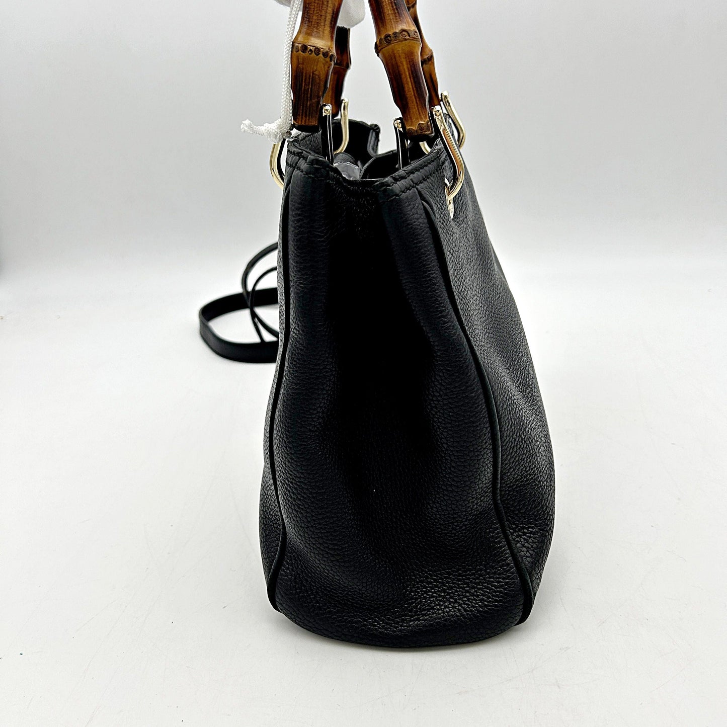 Gucci Black Pebbled Leather Bamboo Top Handle Small Shopper Tote Bag LA15895
