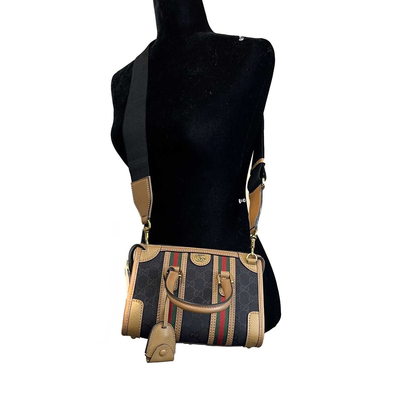 GUCCI GG Canvas Linea Bauletto Plaque Mini Top Handle Crossbody Black/Brown