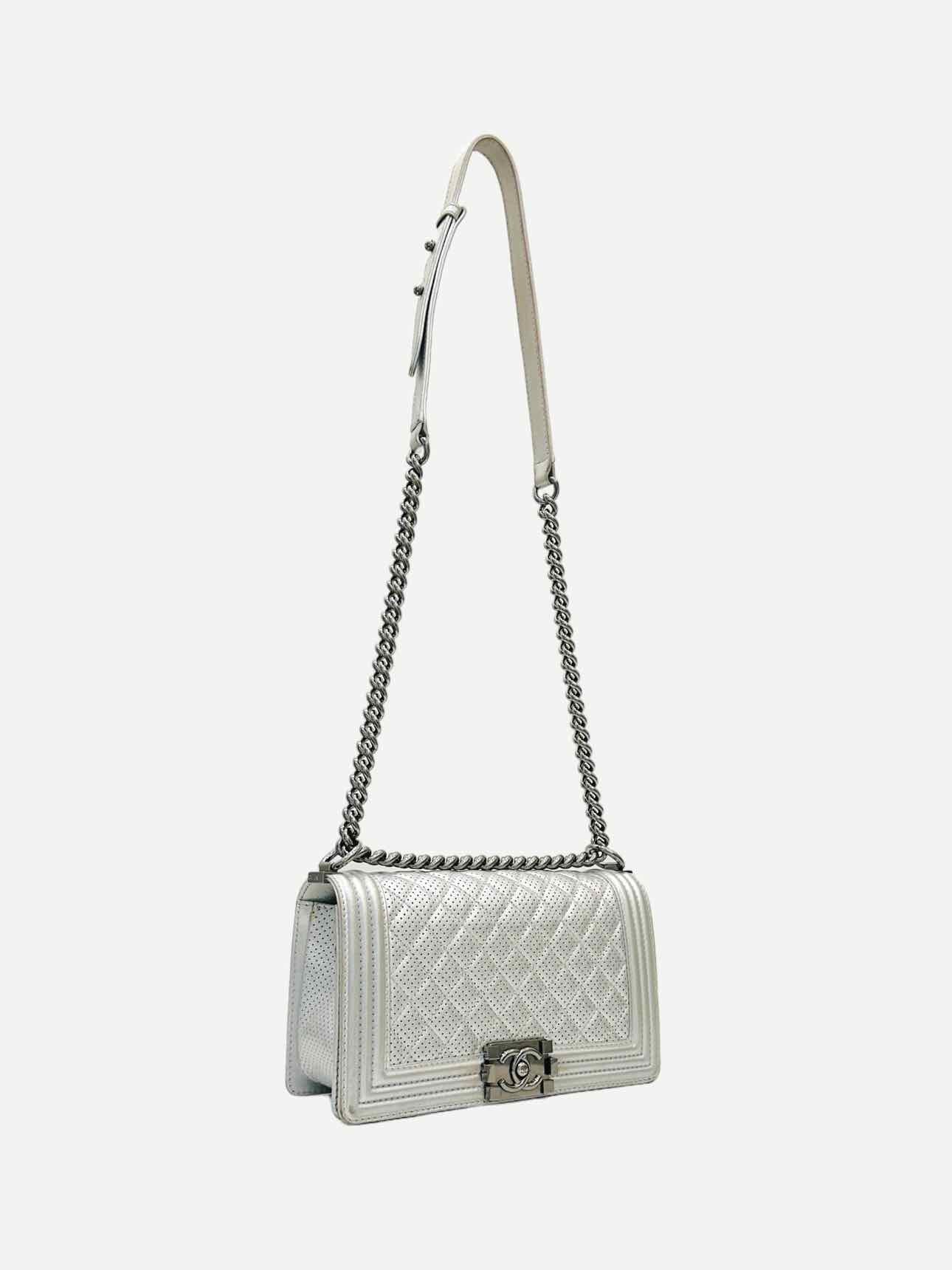 CHANEL New Boy Flap Silver Perforated Shoulder Bag