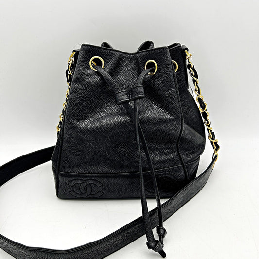 CHANEL Caviar Drawstring Shoulder Bag Black chcc