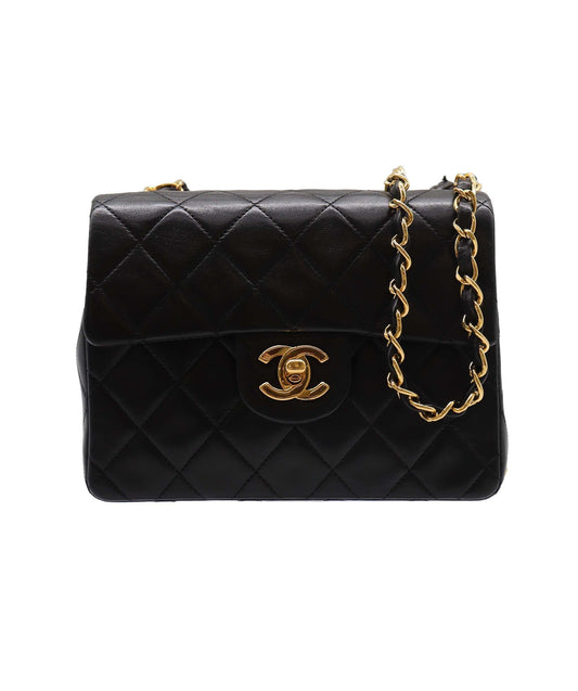 CHANEL VINTAGE MINI SQUARE 17 CHAIN SHOULDER BAG BLACK LAMB SKIN DXBS2219