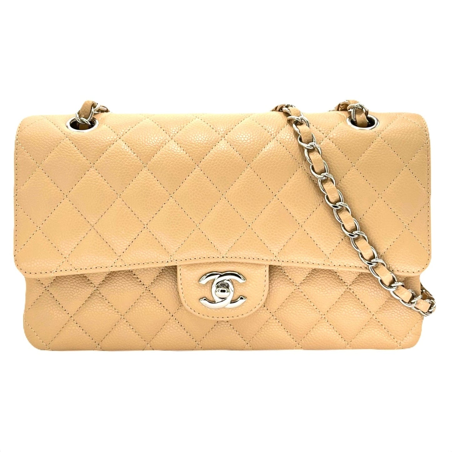 CHANEL CLASSIC FLAP MEDIUM CHAIN SHOULDER BAG BEIGE CAVIAR SKIN SHW 90215286