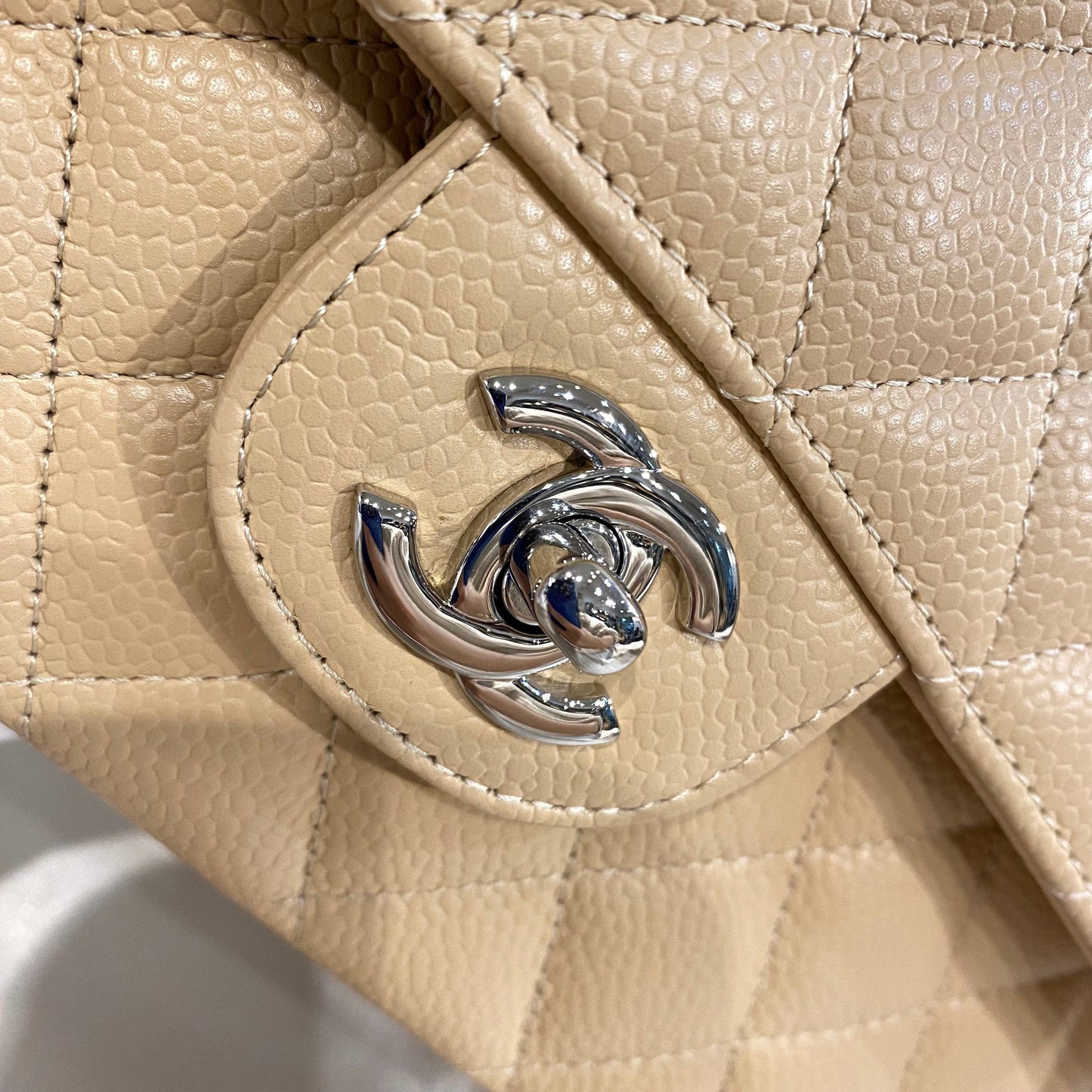CHANEL CLASSIC FLAP MEDIUM CHAIN SHOULDER BAG BEIGE CAVIAR SKIN SHW 90215286