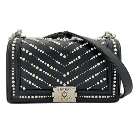 CHANEL PEARL BOYCHANEL MEDIUM CHAIN SHOULDER BAG BLACK LEATHER 90210965