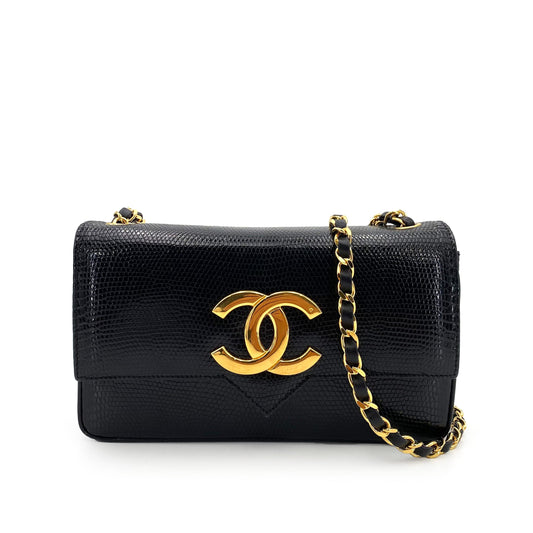 CHANEL VINTAGE BIG COCO CHAIN SHOULDER BAG BLACK LIZARD 5