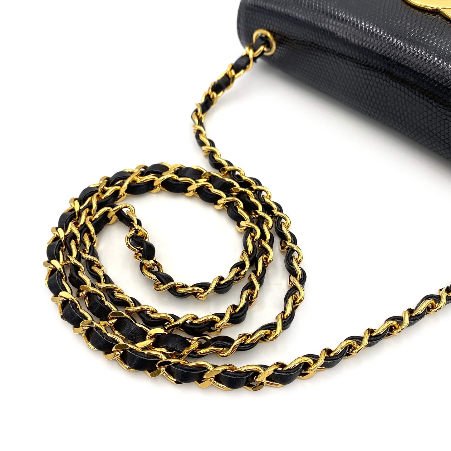 CHANEL VINTAGE BIG COCO CHAIN SHOULDER BAG BLACK LIZARD 5