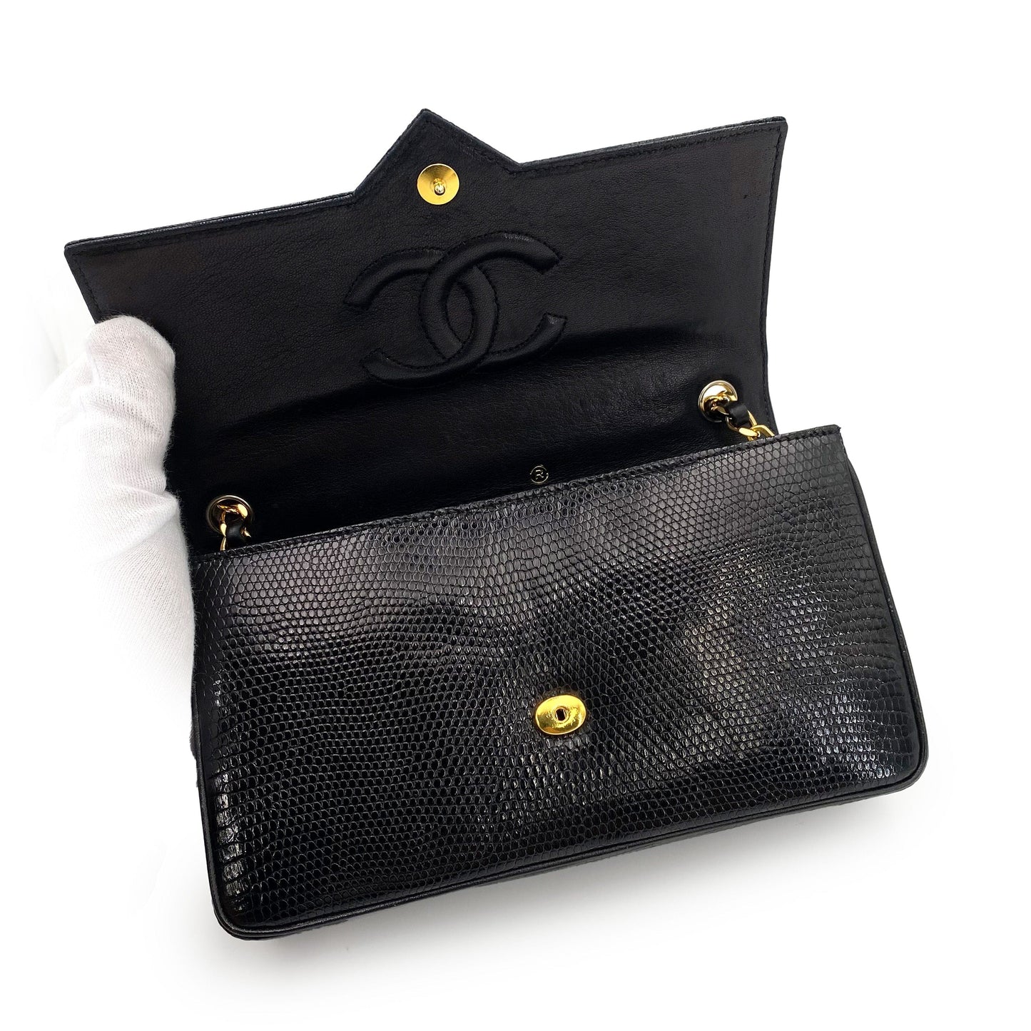 CHANEL VINTAGE BIG COCO CHAIN SHOULDER BAG BLACK LIZARD 5