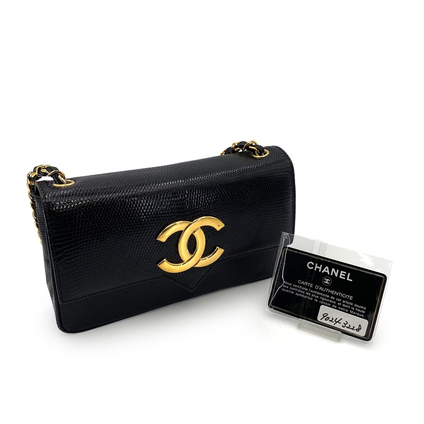 CHANEL VINTAGE BIG COCO CHAIN SHOULDER BAG BLACK LIZARD 5