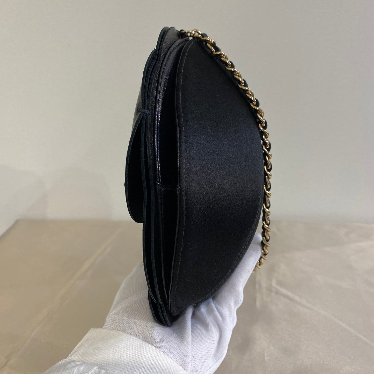 CHANEL VINTAGE CAMELLIA FLOWER CHAIN SHOULDER BAG BLACK LAMB SKIN SATIN 90199296